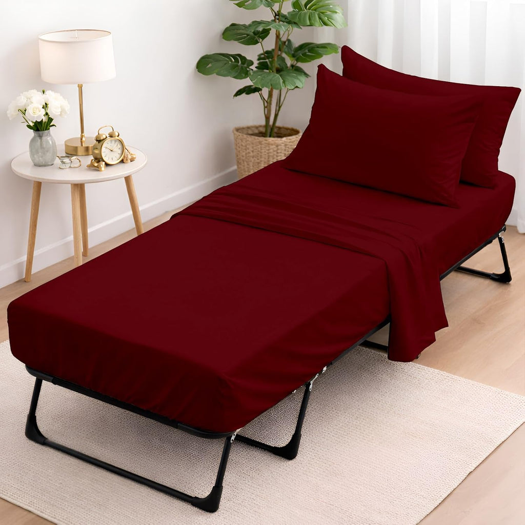 Cottington Lane 4 Piece Cot Sheets Set 32 x 75, Premium Egyptian Cotton Sheets, Perfect for Narrow Twin, Camp Bunk, Army Cots, Trifold Mattress, Camping Cot, Guest Bed Replacement, Burgundy