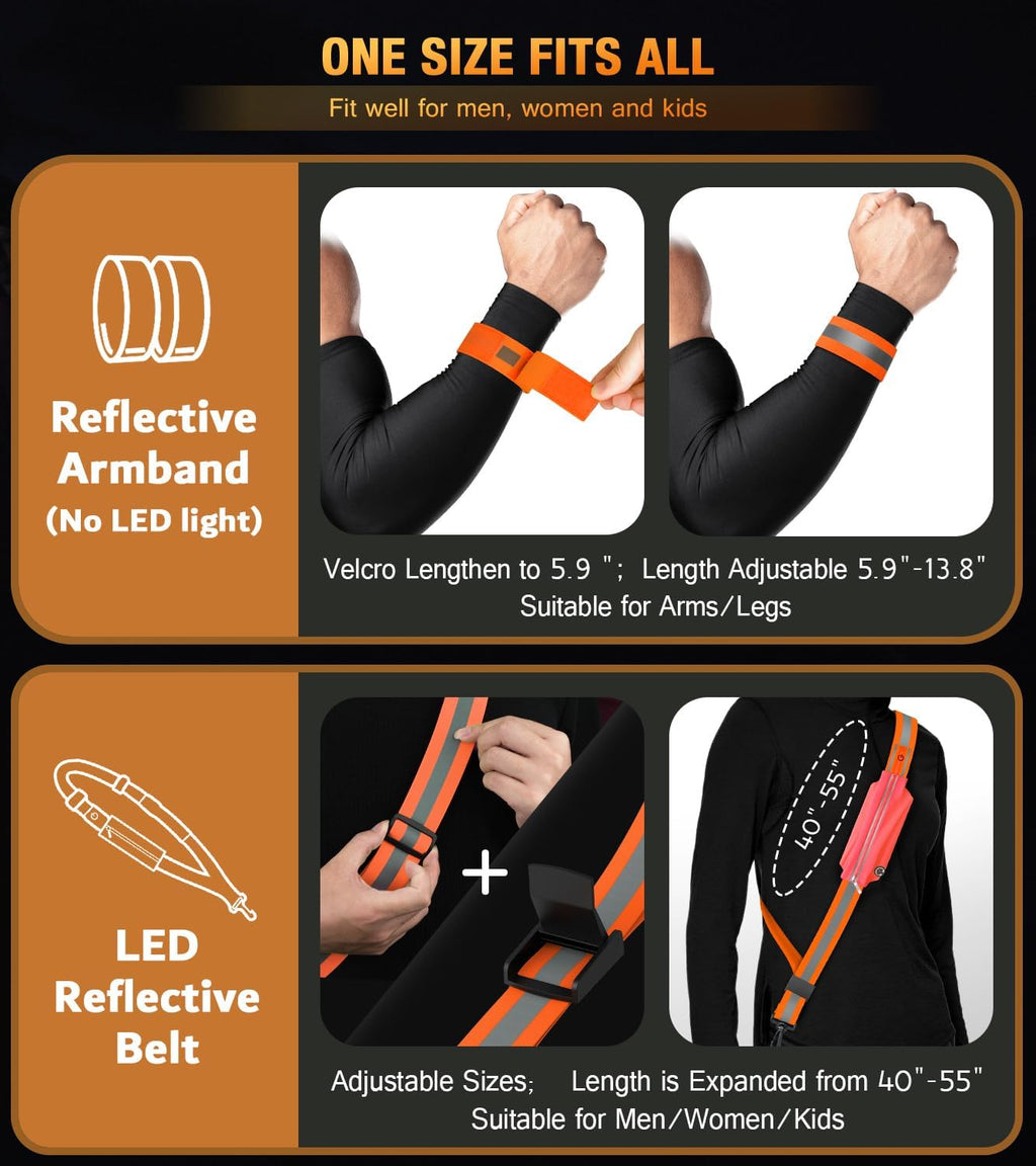 Ylzzrs LED Belt Reflective Sash for Walking at Night,High Visibility Adjustable Night Running Safety Gear,Light Up Running Belt Reflective Gear with Phone Bag/Armband for Runners Walkers Men Women