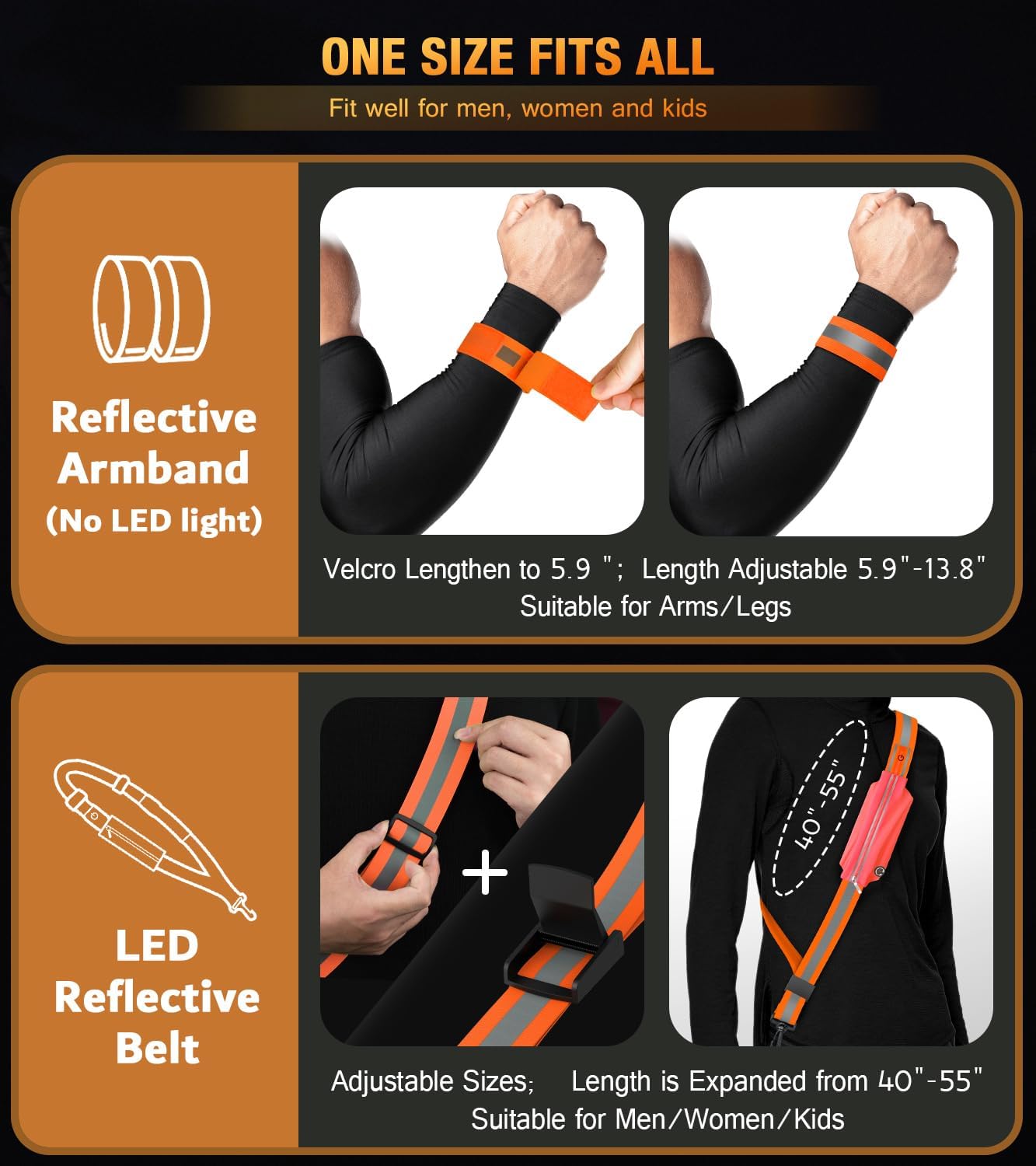 Ylzzrs LED Belt Reflective Sash for Walking at Night,High Visibility Adjustable Night Running Safety Gear,Light Up Running Belt Reflective Gear with Phone Bag/Armband for Runners Walkers Men Women