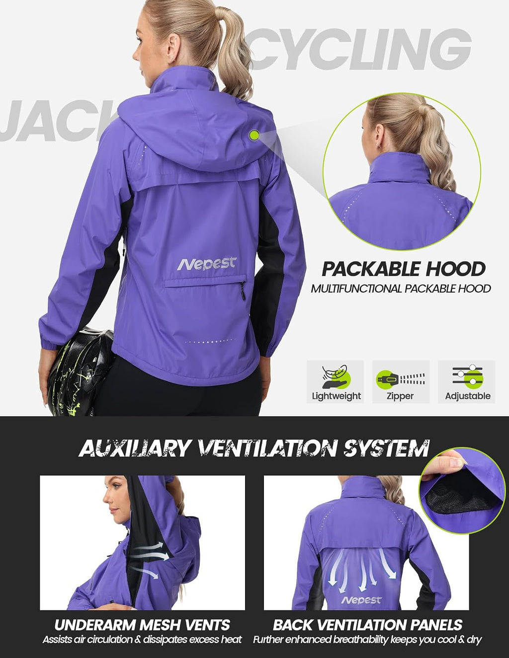 Nepest Womens Cycling Rain Jackets Biking Windbreaker with Hood UPF 50+