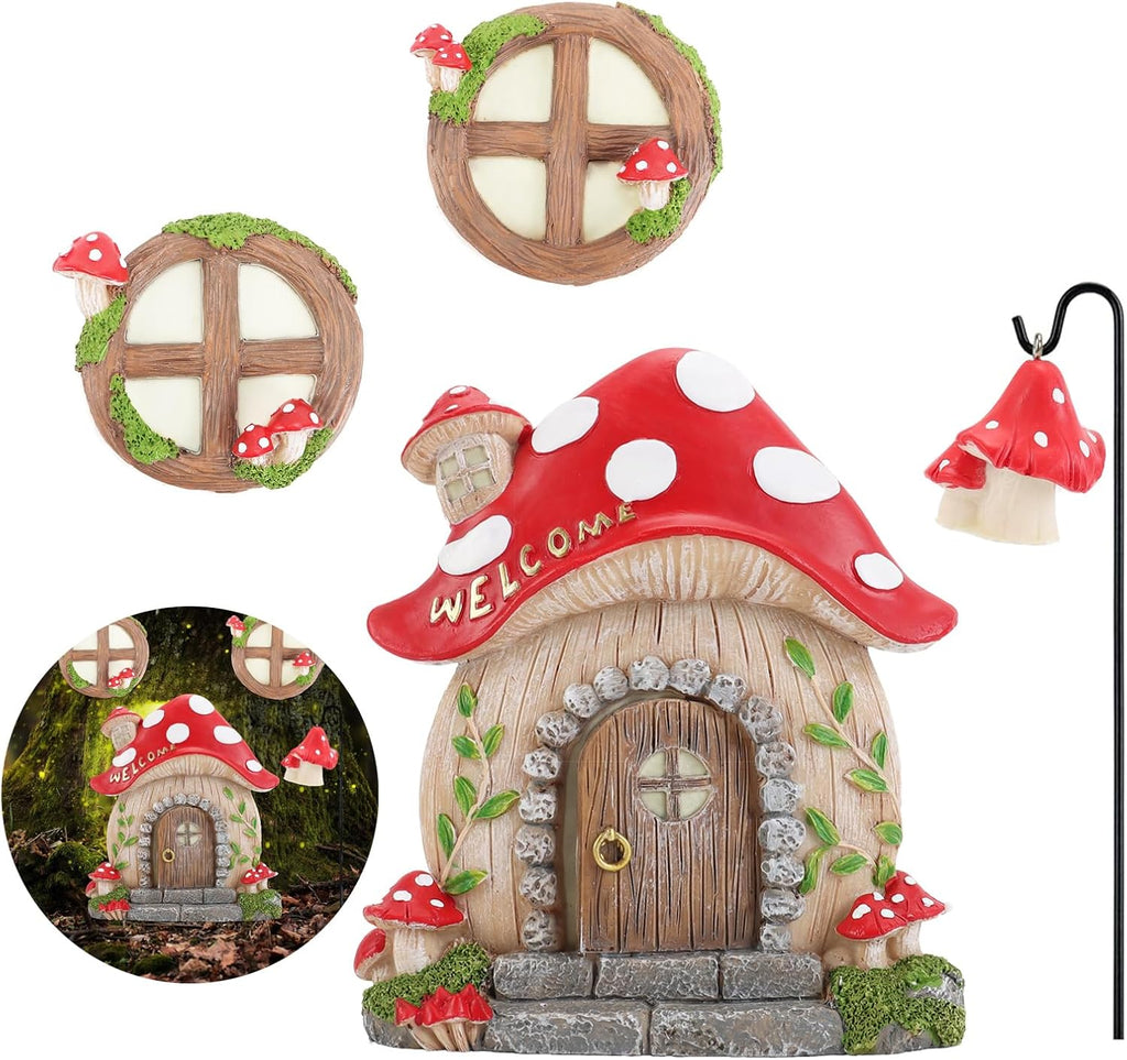 Miniature Fairy Garden Accessories Fairy Door and Windows for Trees, Glow in The Dark Yard Sculpture Lawn Ornament Mini Garden Art Outdoor Decor Accessories with Lantern