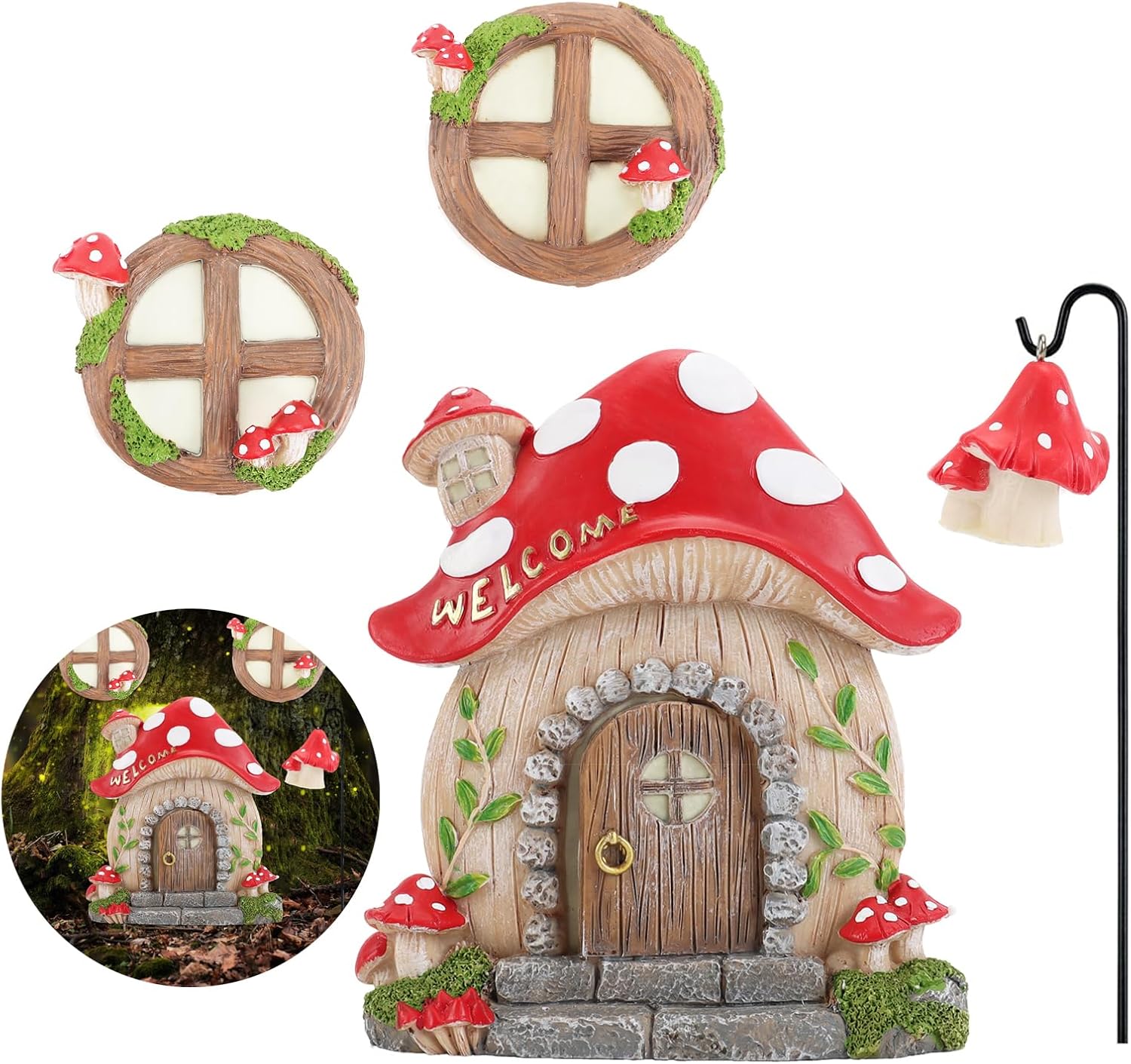 Miniature Fairy Garden Accessories Fairy Door and Windows for Trees, Glow in The Dark Yard Sculpture Lawn Ornament Mini Garden Art Outdoor Decor Accessories with Lantern
