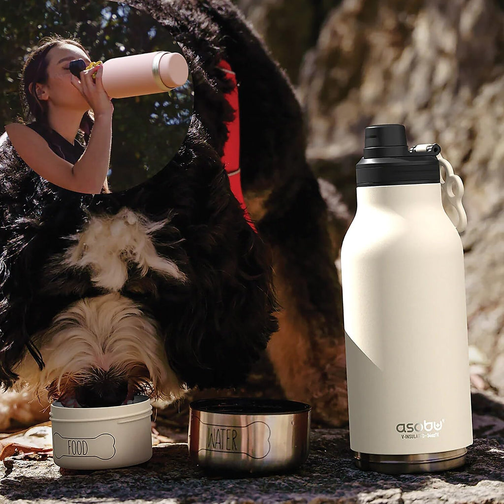 asobu Barky Bottle a Stainless Steel Insulated Water Bottle for with Removable Dog Water Bowl and Dog Food and Treat Storage Bowl (White, 34 oz Water Bottle | 2 Bowls)