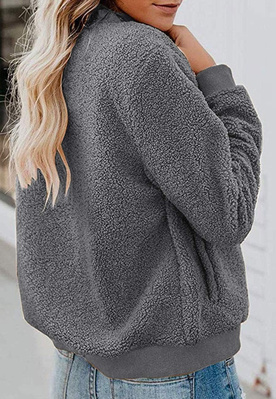 MIROL Women's Fall Fleece Bomber Jacket Trendy Sherpa Winter Coat Fuzzy Casual Long Sleeve Zip Up Loose Fit Jackets