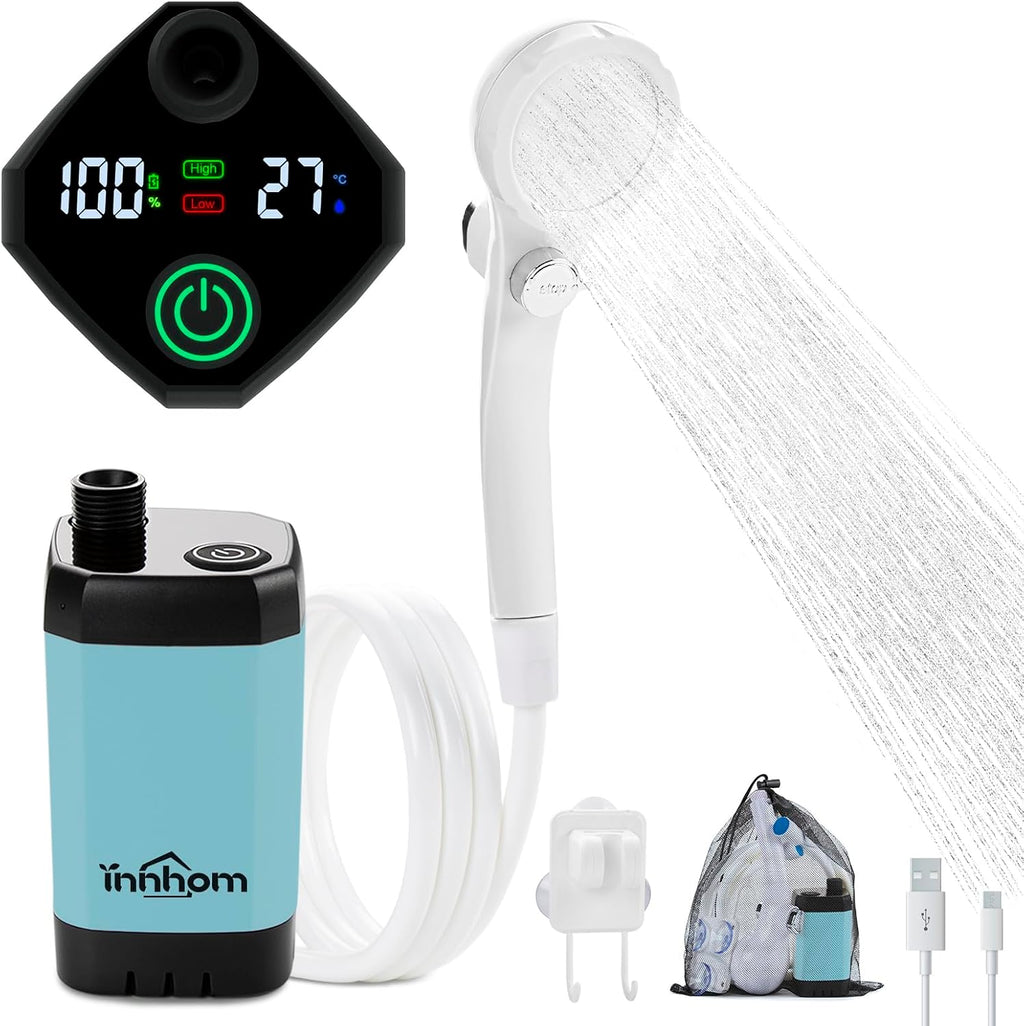 innhom Portable Shower for Camping, 6000mAh Rechargeable Camp Shower Pump with LED Display, IPX7 Waterproof & 2 Spray Modes Electric Outdoor Shower for Hiking, Travel, Car Washing, Pet Bathing