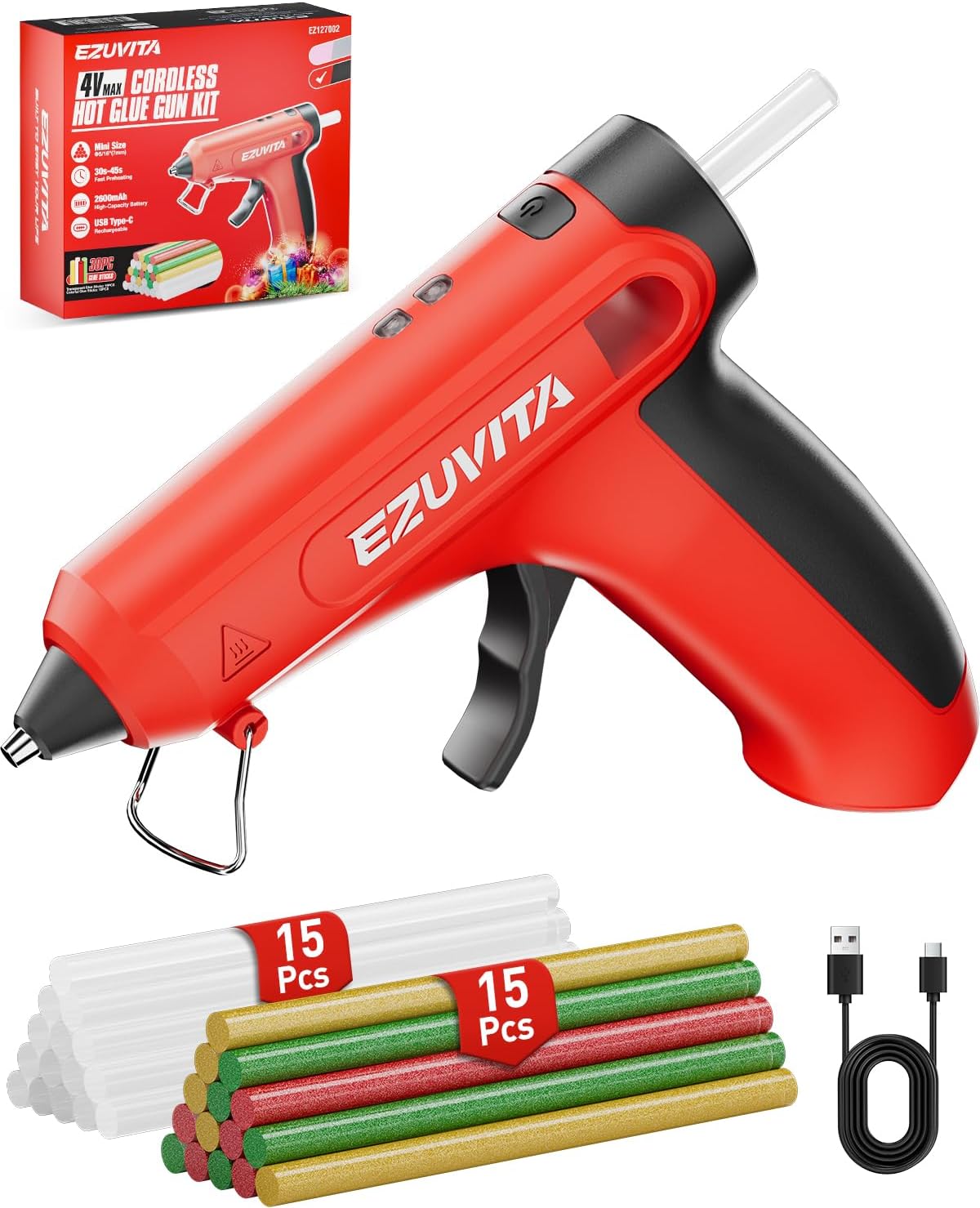 4V Red Cordless Hot Glue Gun Kit, 30-Piece Glue Sticks