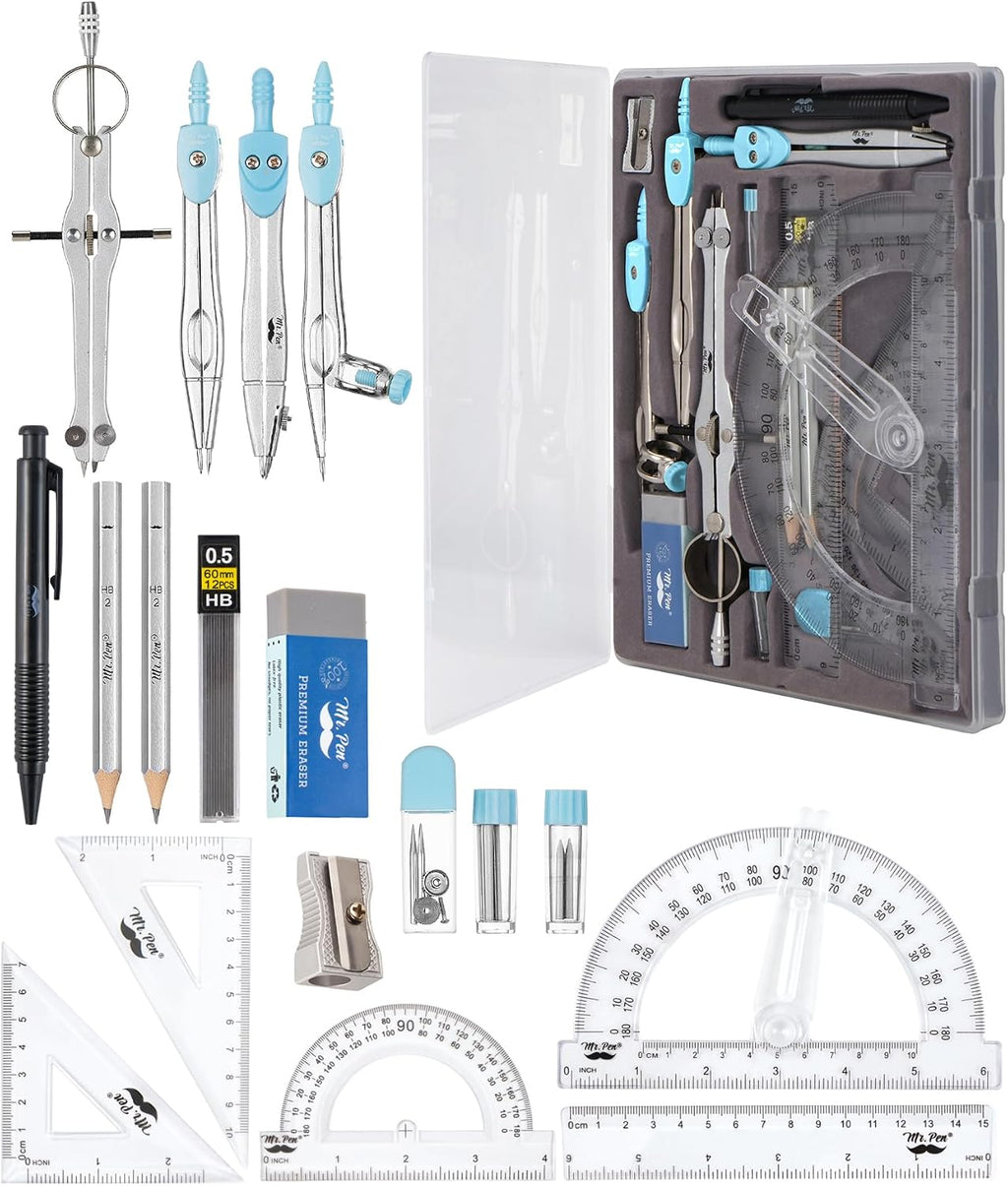 Mr. Pen- Geometry Set, 15 pcs, Light Blue, 6 Inch Swing Arm Protractor