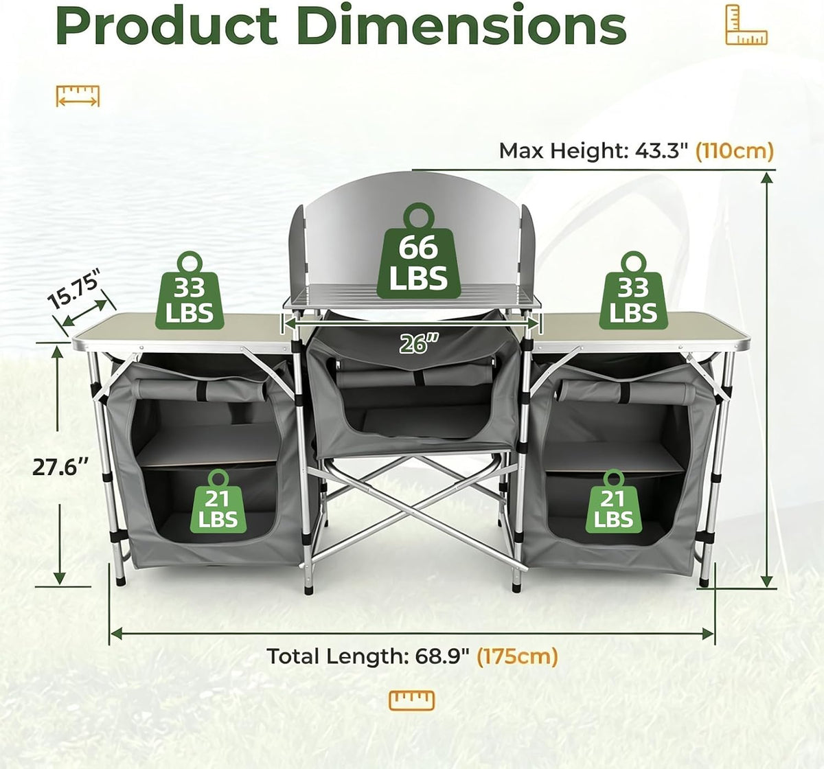 Folding Camping Kitchen Table, Outdoor Cooking Table with Storage
