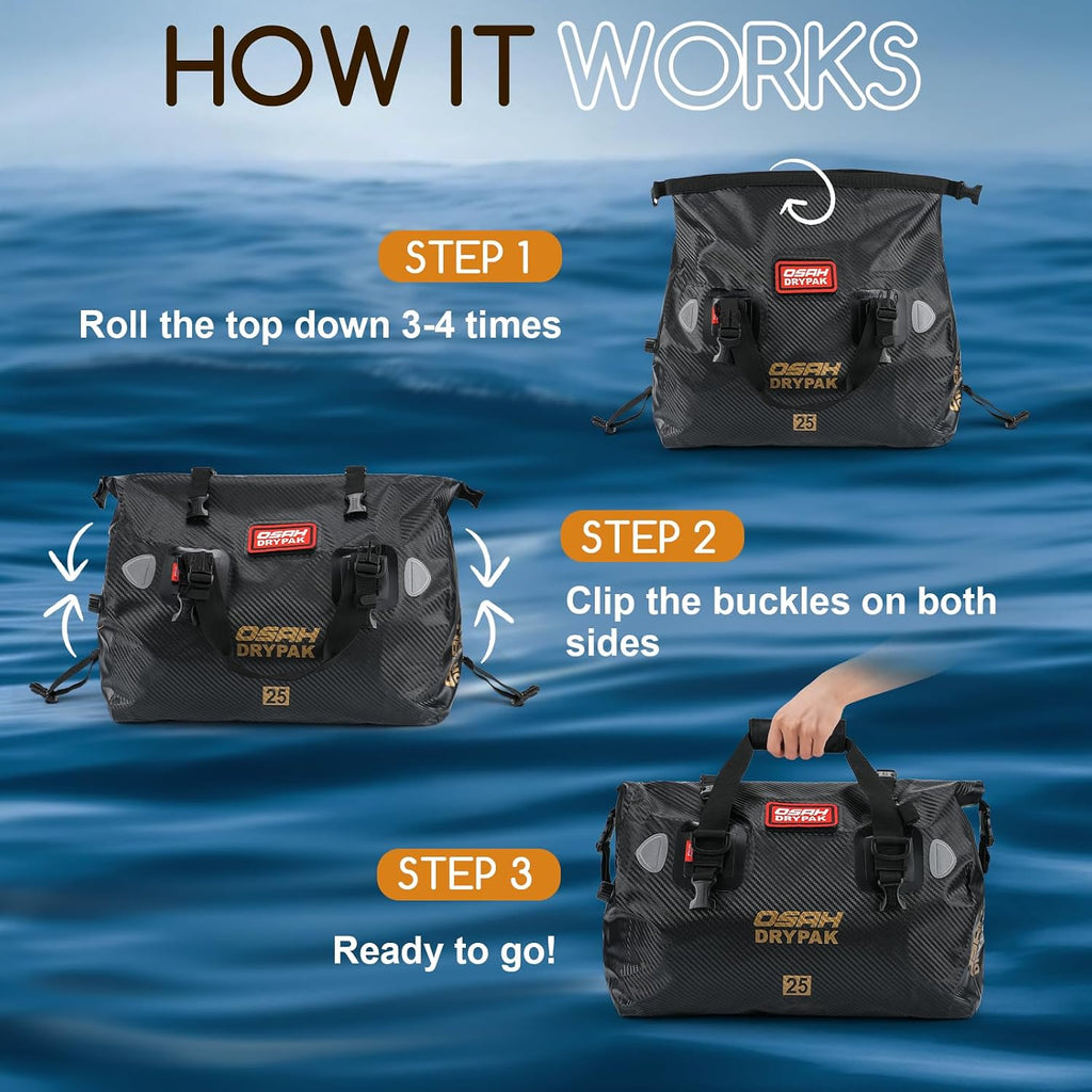OSAH DRYPAK Waterproof Duffel Bag - Motorcycle Dry Bag Tail Bag with Large Storage Space, Waterproof Luggage Duffle Bags with Outer Mesh Zipper Pocket for Camping, Kayaking, Fishing & Traveling