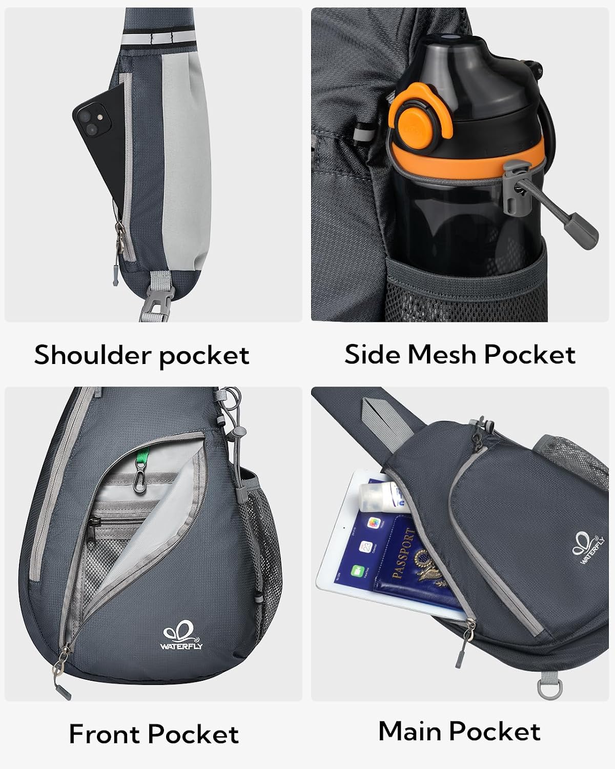 WATERFLY Crossbody Sling Bag, Small Shoulder Chest Backpack