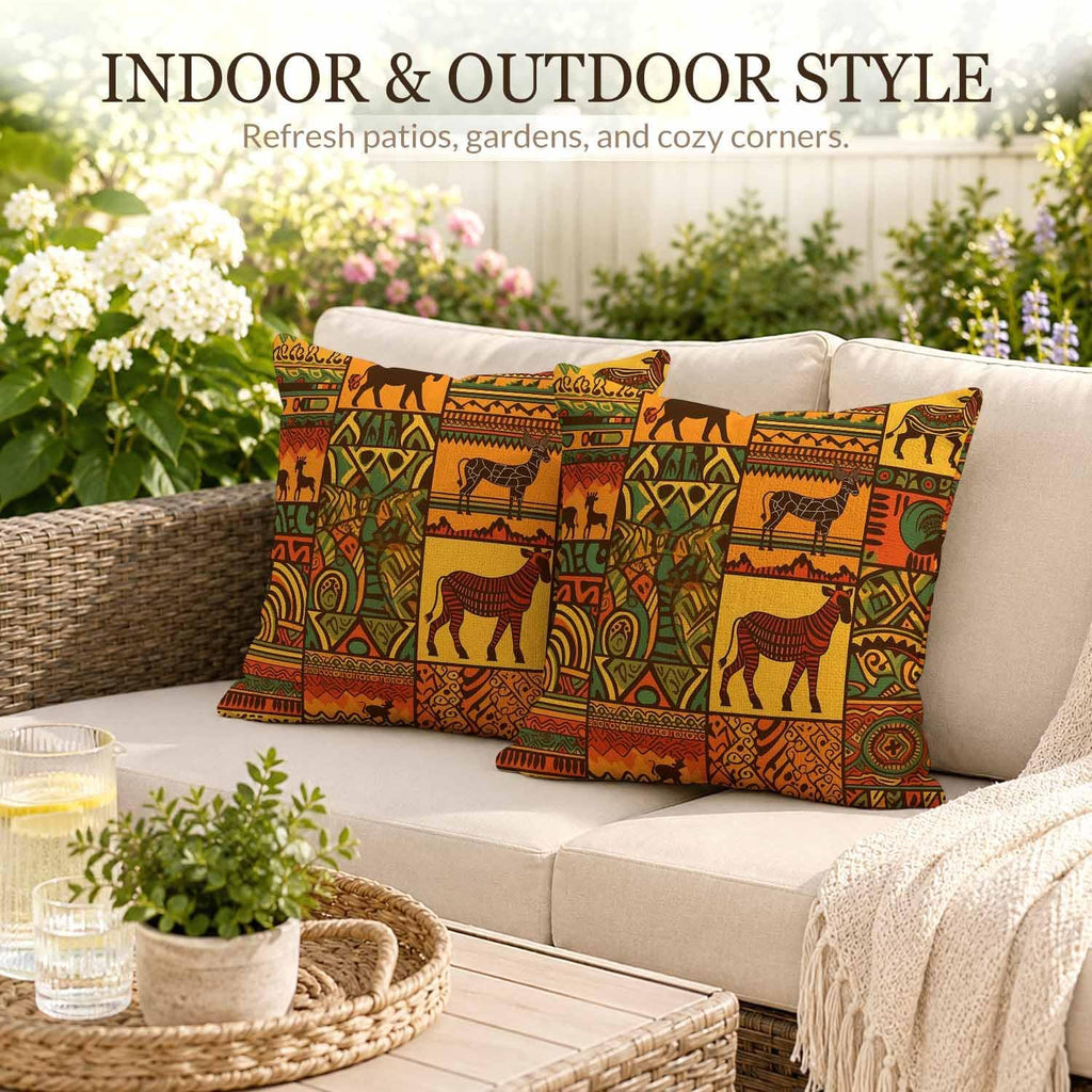 African Pattern Throw Pillow Covers Tribal Elements with Animal Silhouettes Throw Pillow Covers 18"x 18" Set of 2 for Living Room Couch Bed Sofa Home Decor Soft Cushion Case