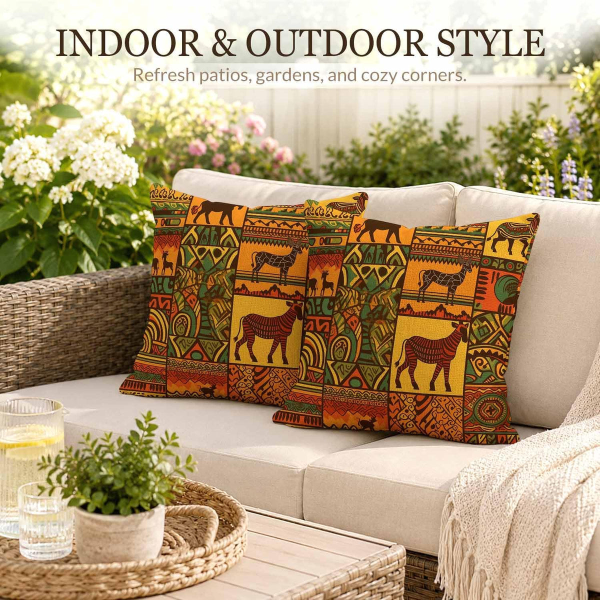 African Pattern Throw Pillow Covers Tribal Elements with Animal Silhouettes Throw Pillow Covers 18"x 18" Set of 2 for Living Room Couch Bed Sofa Home Decor Soft Cushion Case