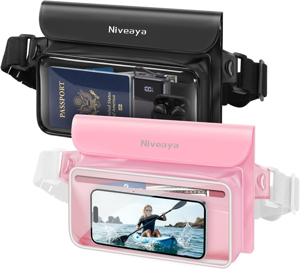 Niveaya IPX8 Floating Waterproof Fanny Pack Holds Phone, Passport & Cash