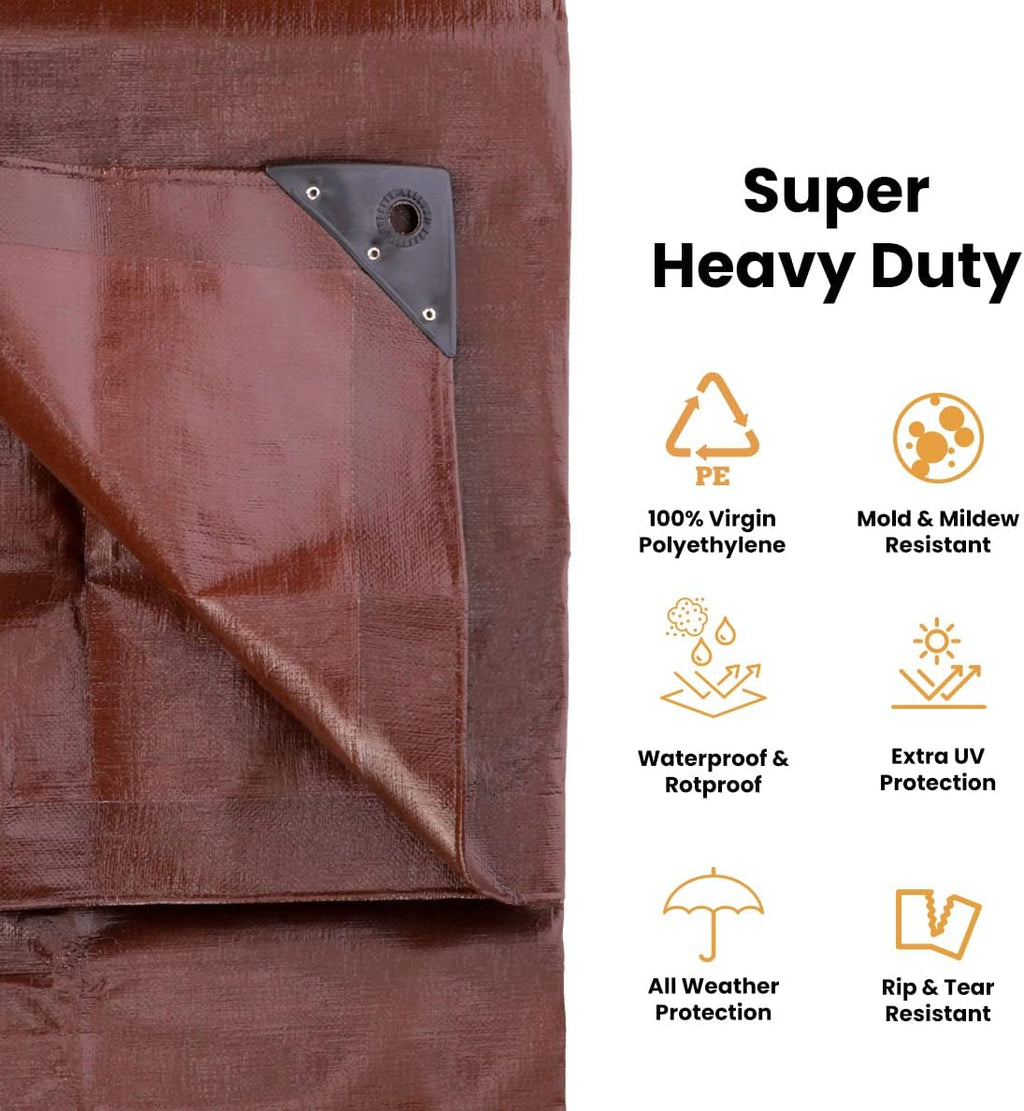 WHITEDUCK Super Heavy Duty Poly Tarp Cover 16 Mil with Grommets and Reinforced Edges (Brown- 16 Mil, 4' x 20')