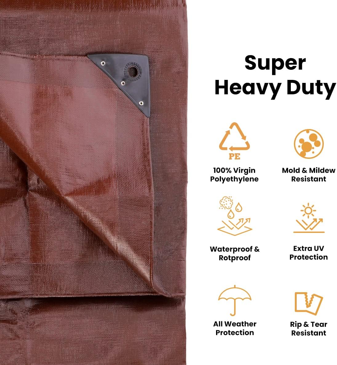 WHITEDUCK Super Heavy Duty Poly Tarp Cover 16 Mil with Grommets and Reinforced Edges (Brown- 16 Mil, 30' x 30')