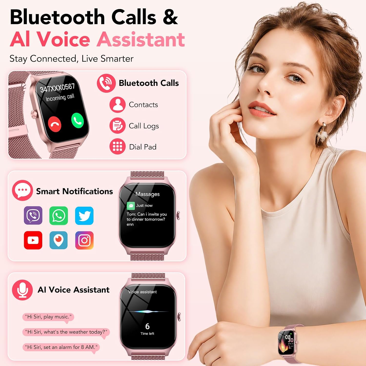 Smart Watch for Women, Answer/Make Call/AI Voice,1.85" HD Smartwatch for iPhone/Samsung/Android, 120+ Sport Modes Fitness Tracker with Heart Rate/Sleep Monitor,IP68 Waterproof (2 Bands)