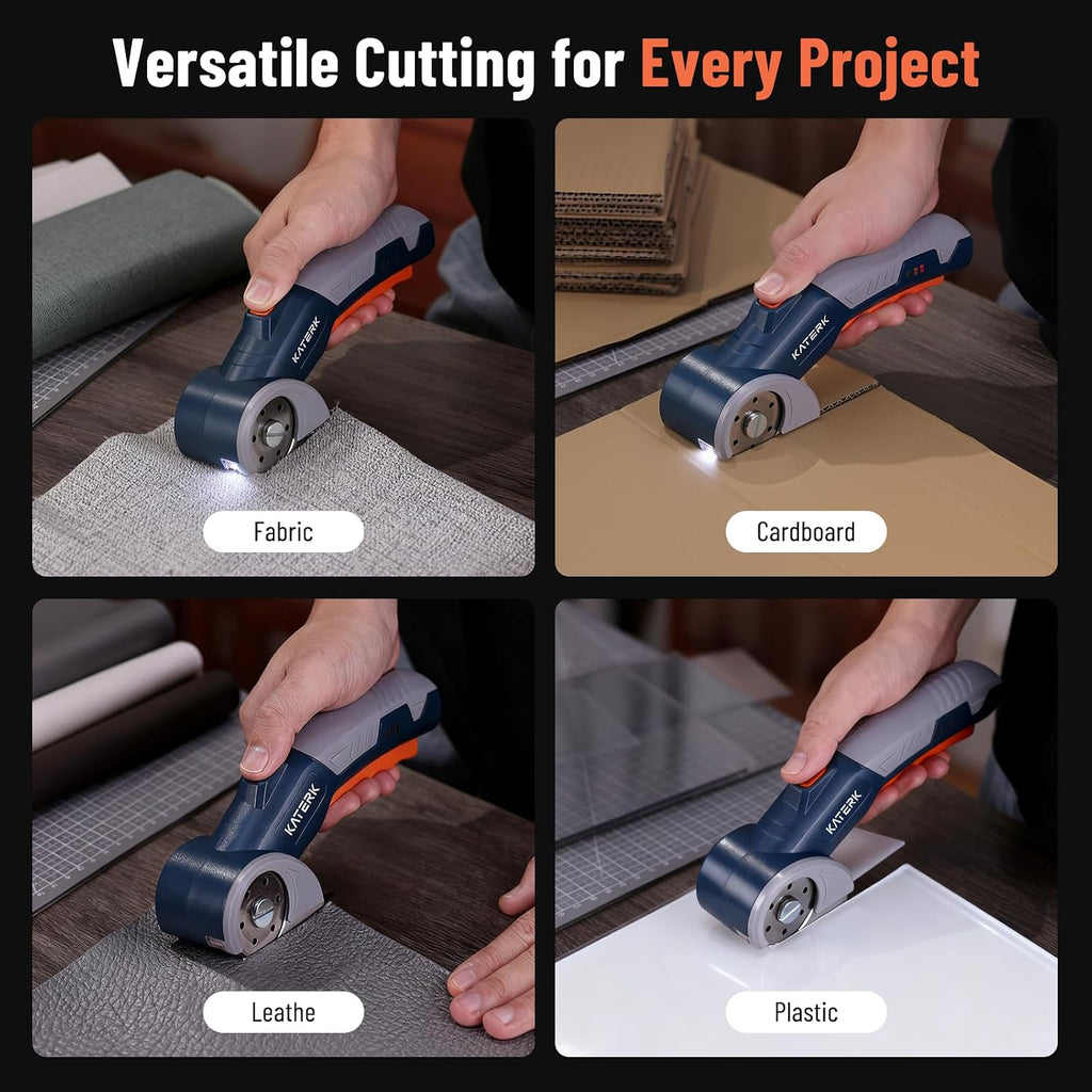 Electric Box Cutter, Katerk Cordless Electric Scissors with Safety Lock & LED Light, Cardboard Cutter, Ambidextrous Use, Rotary Cutter for Fabric, Leather, Plastic, Crafting