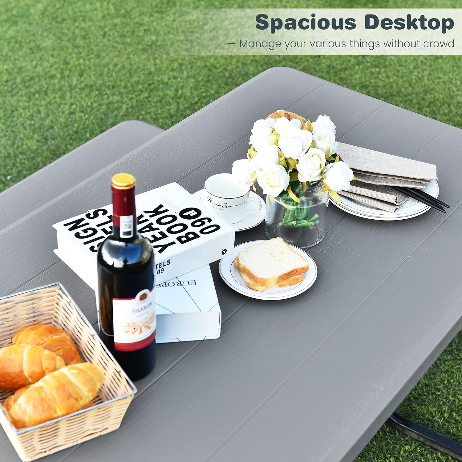 Tangkula Picnic Table Bench Set, Outdoor Picnic Table with 2 Benches, Metal Camping Table with Plastic Wood-Like Texture Tabletop & Steel Frame, Ideal for Picnic, Party, Garden, Lawn (Grey)