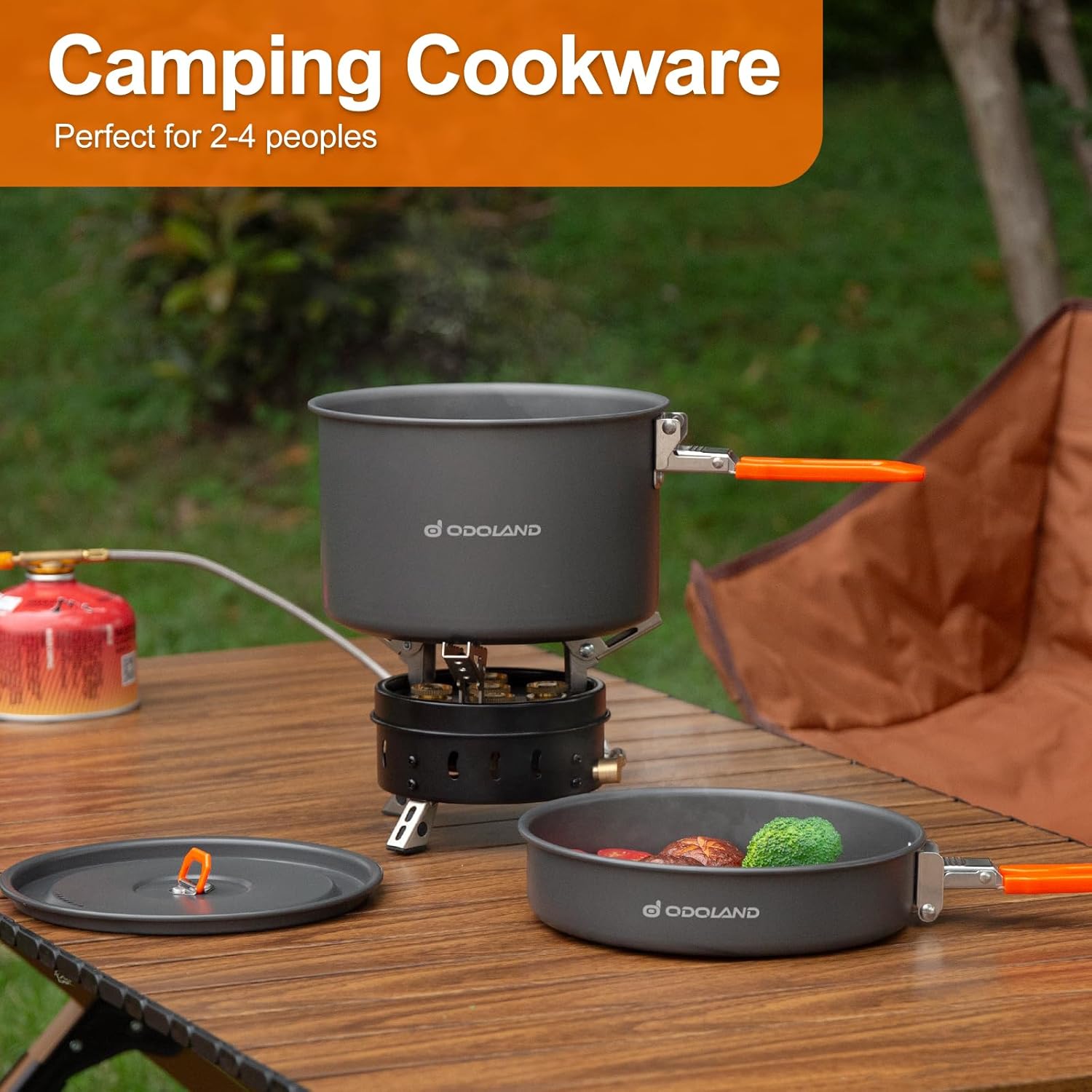 Odoland 15pcs Camping Cookware Mess Kit, Lightweight Pot Fry Pan Set