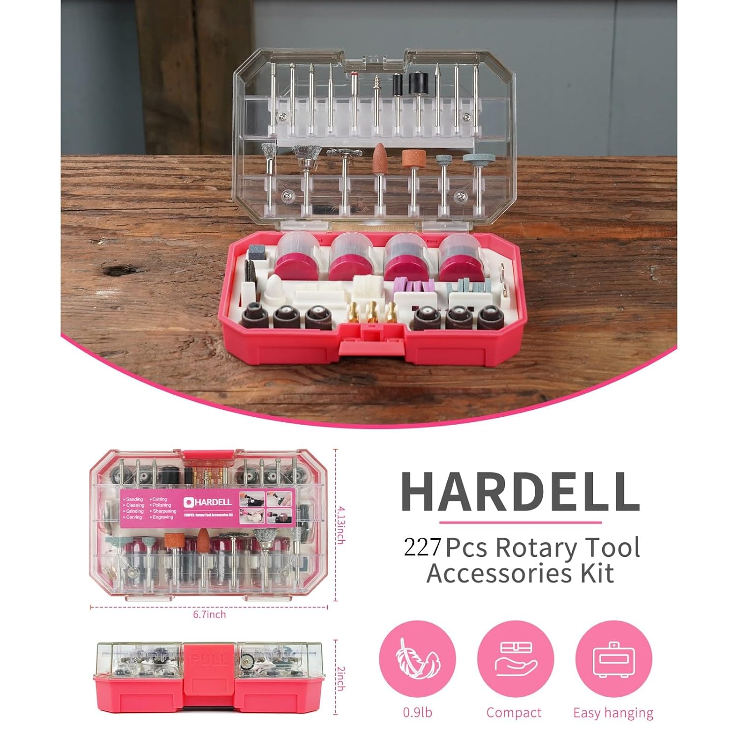 HARDELL Rotary Accessory Kit w/ 1/8" Shanks, Sanding & Carving Pink