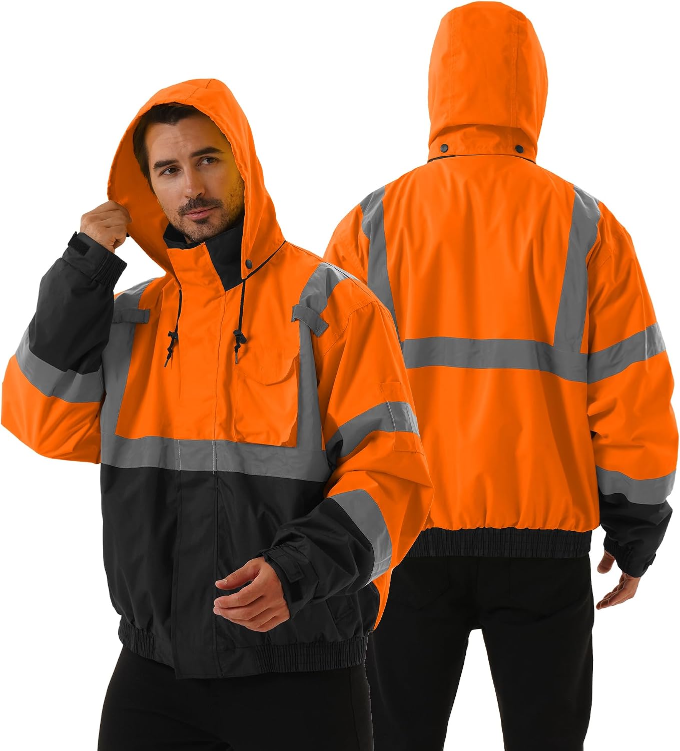 3 in 1 Safety jacket,Reflective high Visibility Hooded jacket,Hi Vis Bomber Jacket shell and fleece lining,Waterproof,ANSI Class 3 Black Bottom Orange,4XL