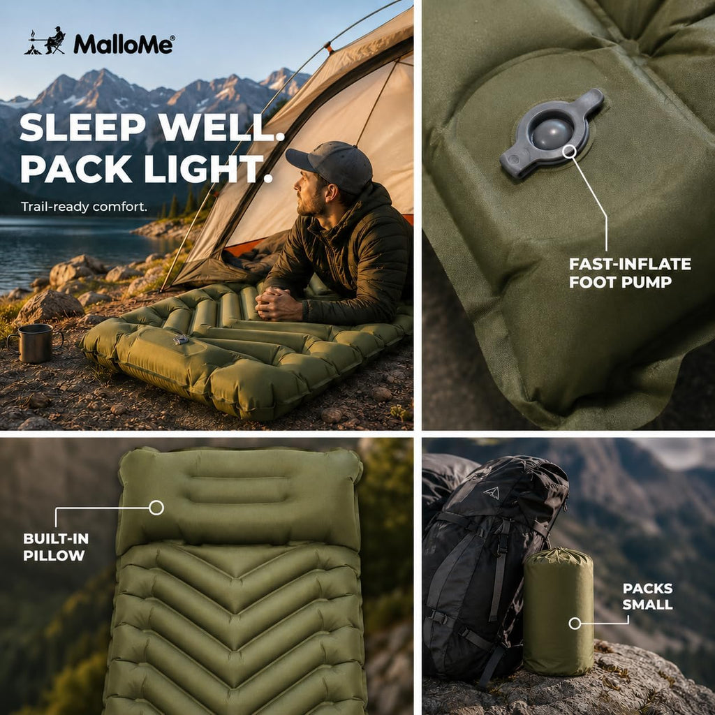 MalloMe Sleeping Pad for Camping, Camping Mattress - Bed for Outdoors Built-in Foot Pump Air Mattress for Backpacking Leak-Resistant Inflatable Travel Mat Compact Ultralight Single & Double