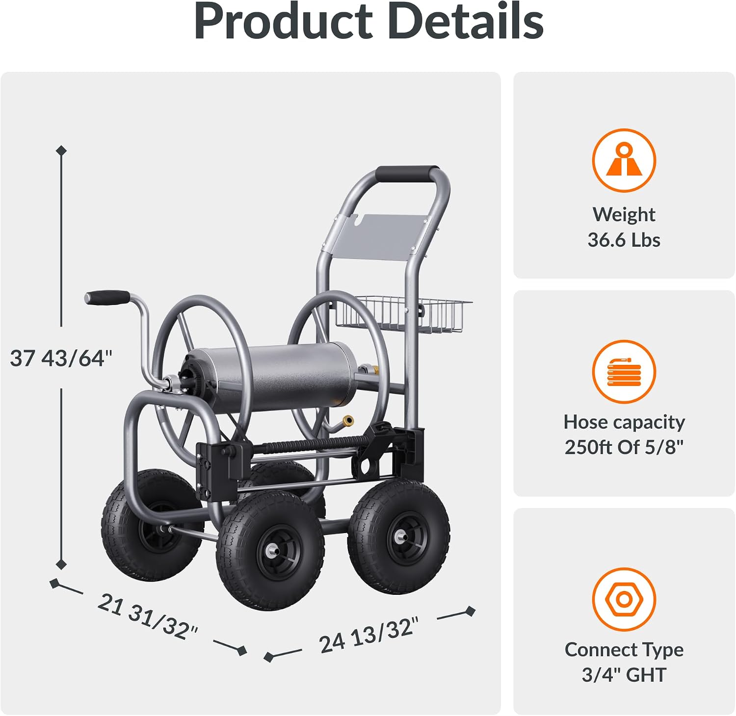 Giraffe Tools Heavy Duty Garden Hose Reel Cart with Wheels - Industrial Outdoor Hose Storage Reel, Pre-Installed Guide for 250-Feet of 5/8" Hose Capacity