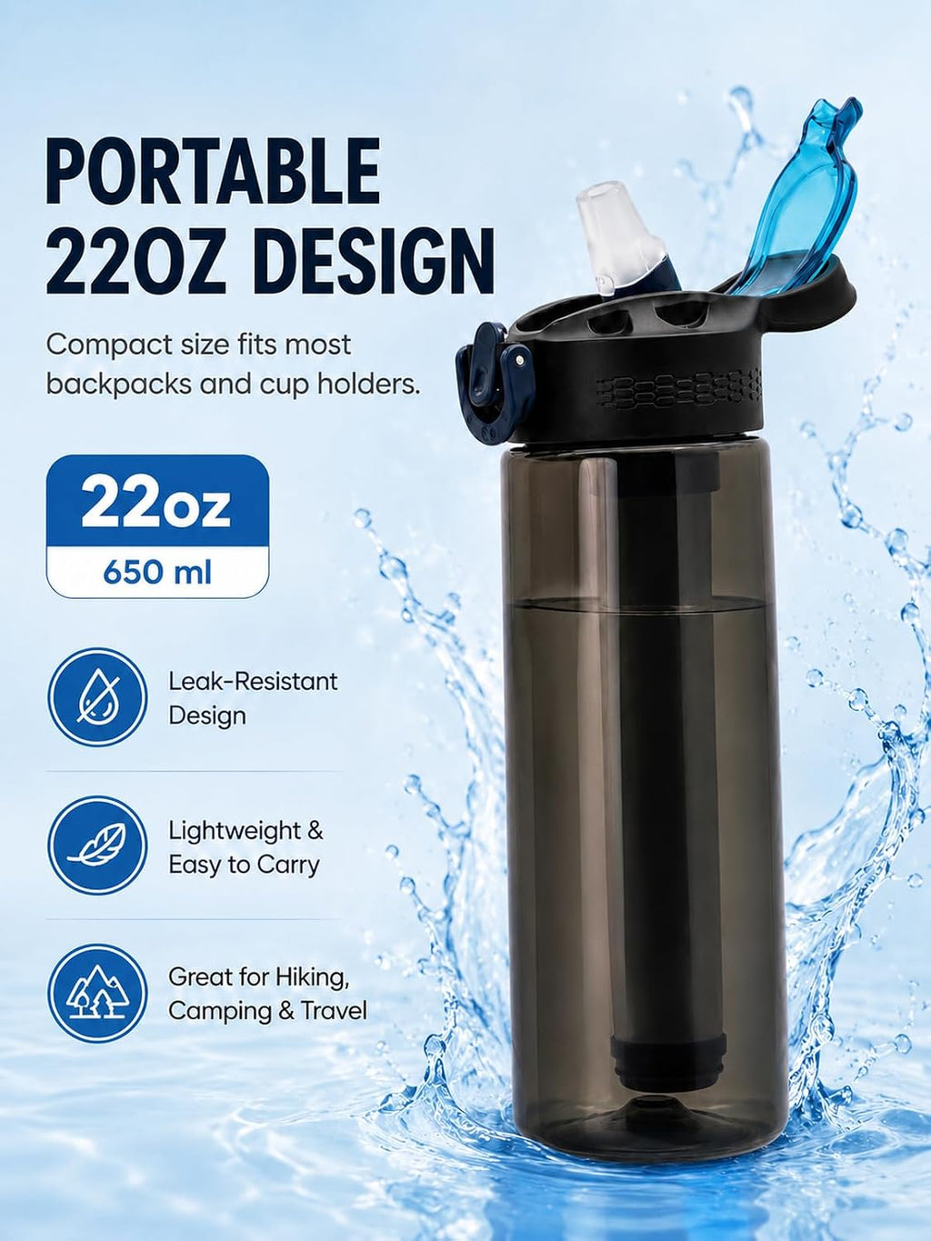 22oz Water Filter Bottle, Portable Outdoor Filtered Water Bottle with Multi-Layer Filtration, Improves Taste & Reduces Odor, BPA-Free Reusable Bottle for Hiking, Camping & Travel (Black)