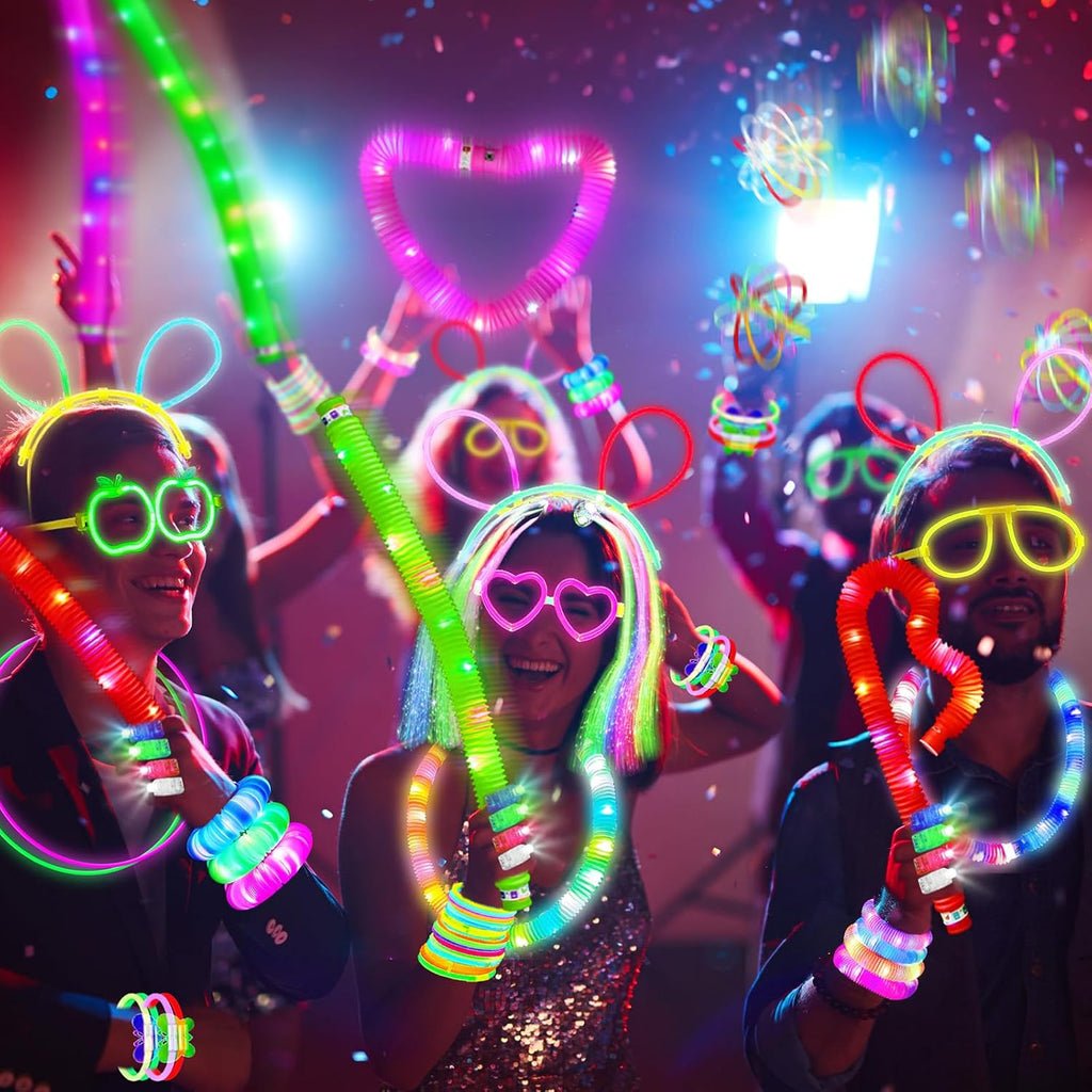 SHQDD Party Supplies, Glow in the Dark Party Favors for Adults Kids, 27 Carnival Accessories, 56 LED Light Up Toys Bulk, 100 Glow Sticks Party Pack, Neon Party Supplies & Decorations