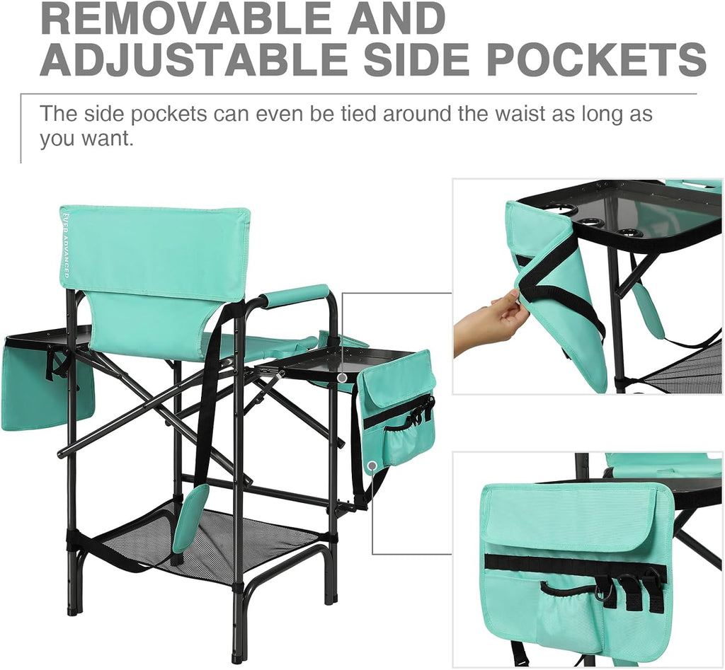 EVER ADVANCED 2 Pieces 31" Tall Portable Makeup Artist Chair for Clients Directors Chair with Two Side Tables, Foldable Folding Chair for MUA, Craft Shows, Hair Stylist, Salons, Movie 350LBS Green