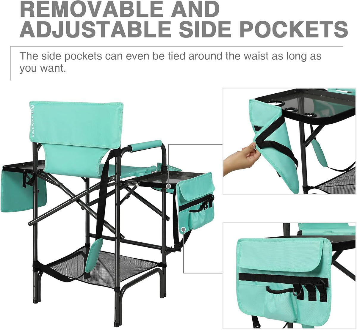 EVER ADVANCED 2 Pieces 31" Tall Portable Makeup Artist Chair for Clients Directors Chair with Two Side Tables, Foldable Folding Chair for MUA, Craft Shows, Hair Stylist, Salons, Movie 350LBS Green