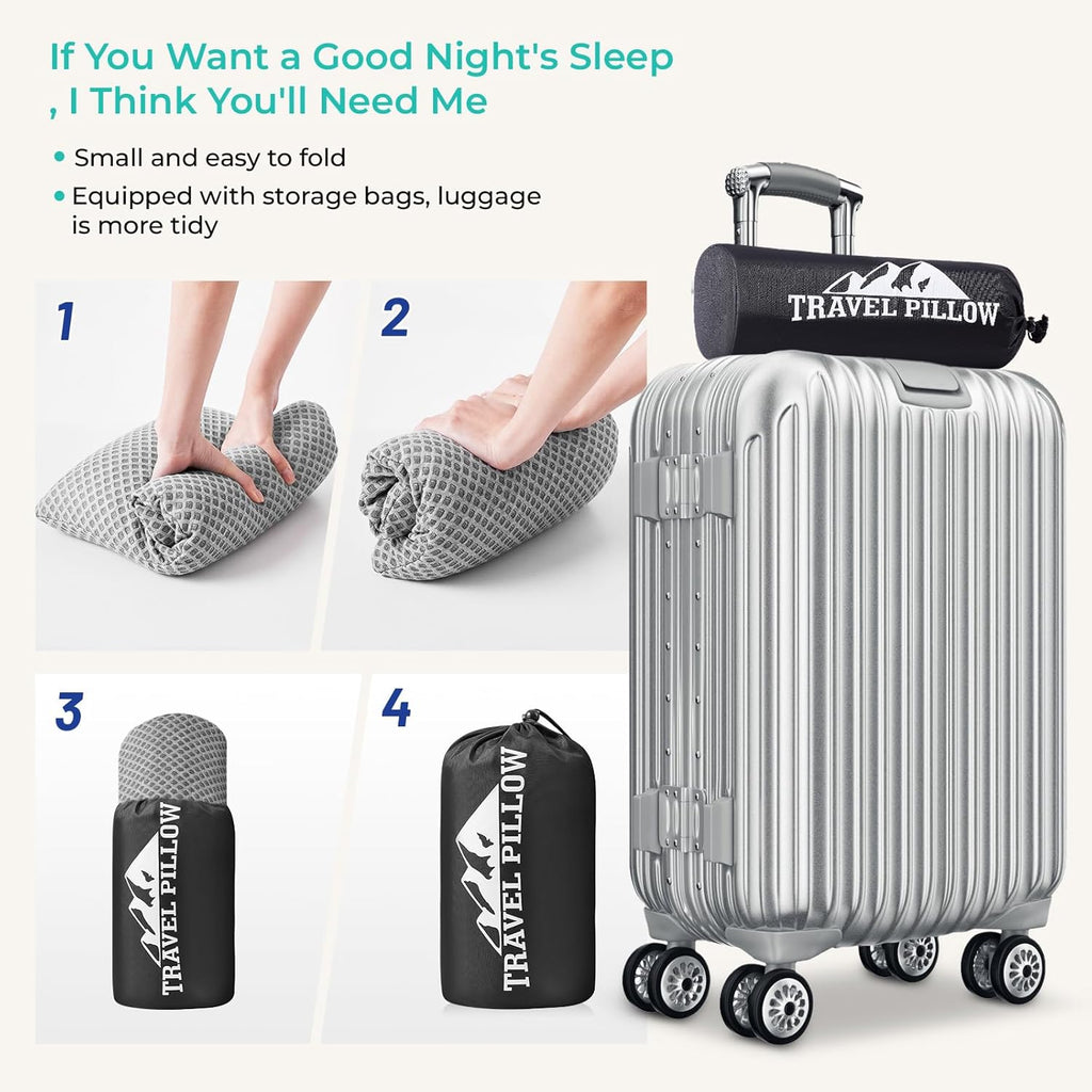 Travel Pillow Memory Foam Pillows, Camping Pillow-Compressible Medium Firm, Breathable Cover, Ideal Backpacking Hiking, Bed Pillows, Airplane and Car (Light Grey, S)