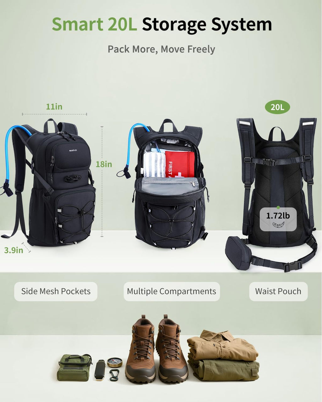 ECOHUB 20L Lightweight Hydration Backpack with 2L Water Bladder&Waist Pack