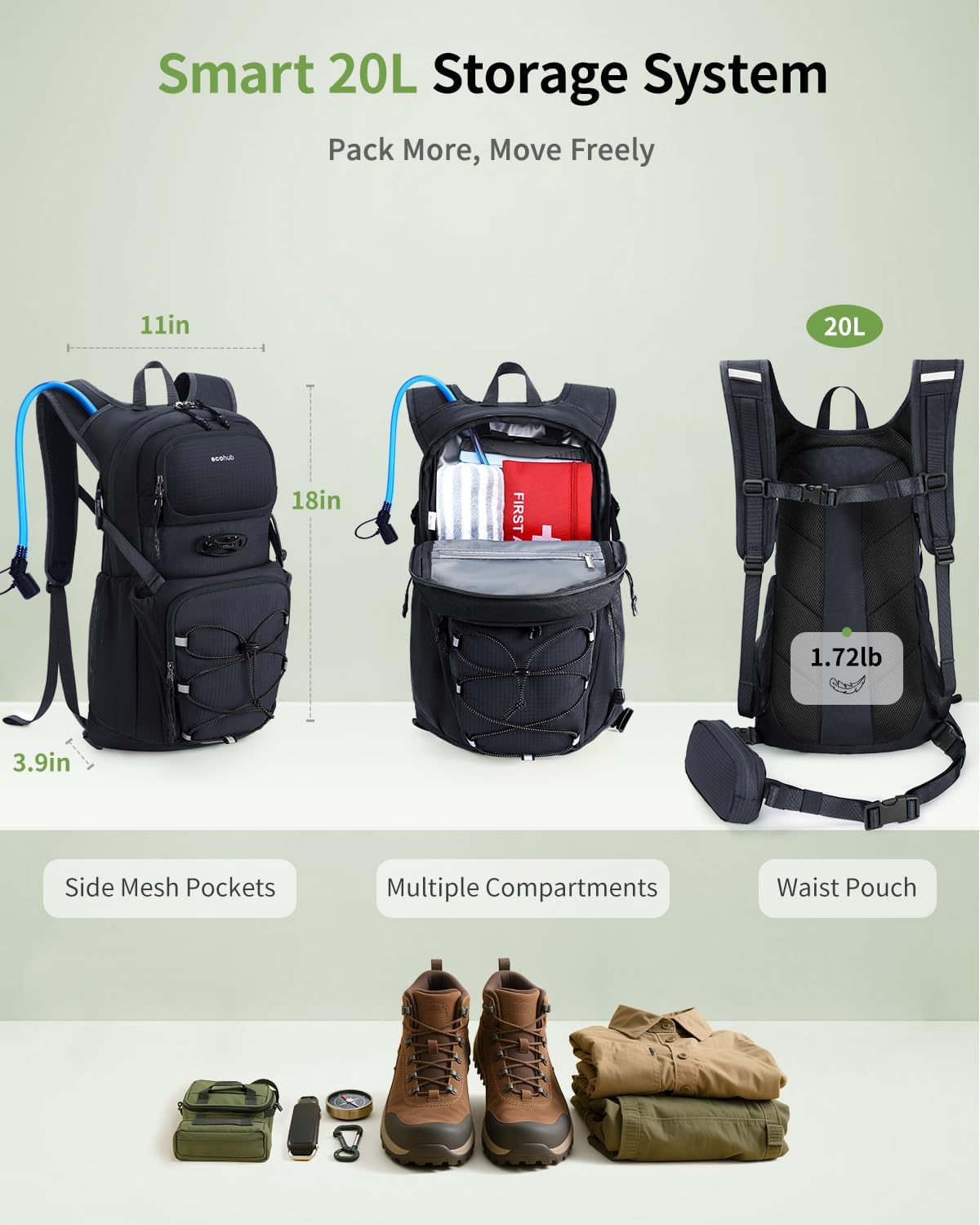 ECOHUB 20L Lightweight Hydration Backpack with 2L Water Bladder&Waist Pack