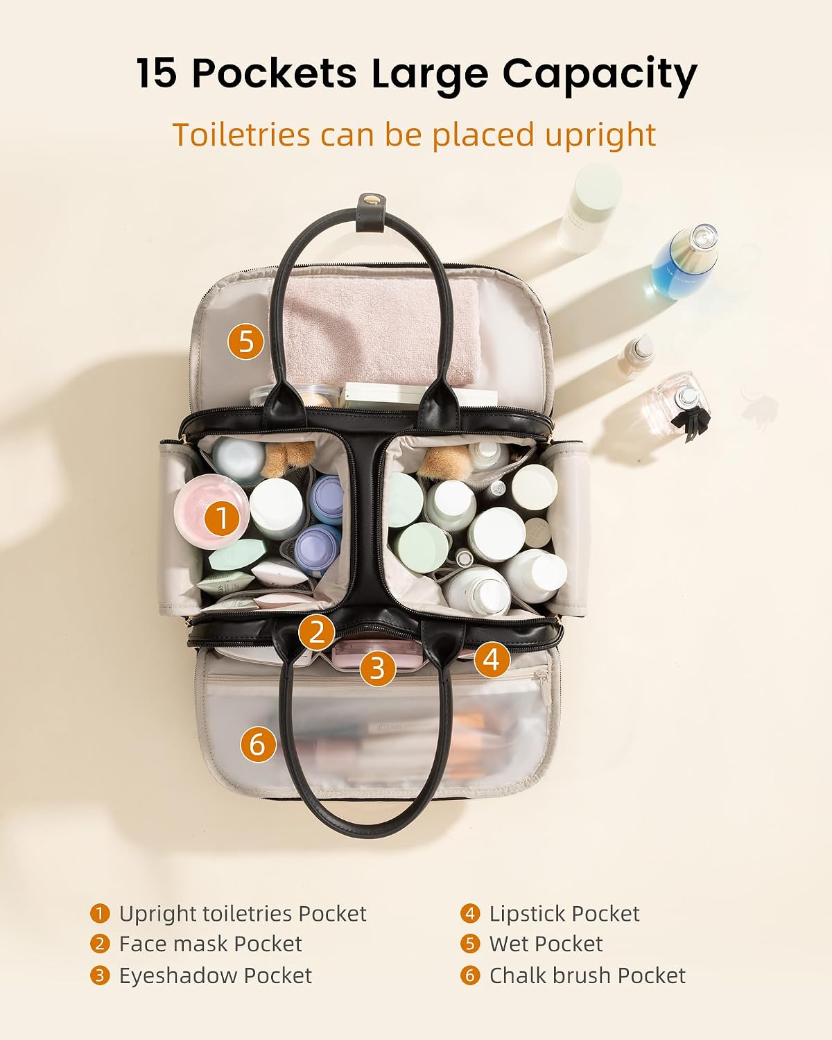 LOVEVOOK Travel Toiletry Bag for women, Leather Large Wide-open Makeup Bag, Waterproof Cosmetic Bag Organizer for Shower, Traveling, Toiletries, Bathroom