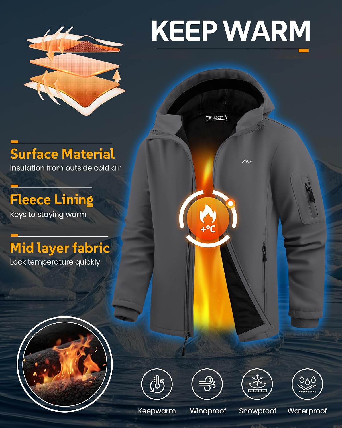 WULFUL Men's Lightweight Softshell Jacket Warm Fleece Lined Windbreaker Waterproof Soft Shell for Outdoor Hiking
