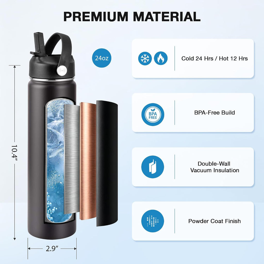 SENDESTAR Insulated Water Bottle 24 OZ, Wide Mouth 24 oz Water Bottle with Straw Lid, Spout Lid, Double Wall Vacuum Stainless Steel Leak Proof, Keeps Liquids Hot or Cold (Black)