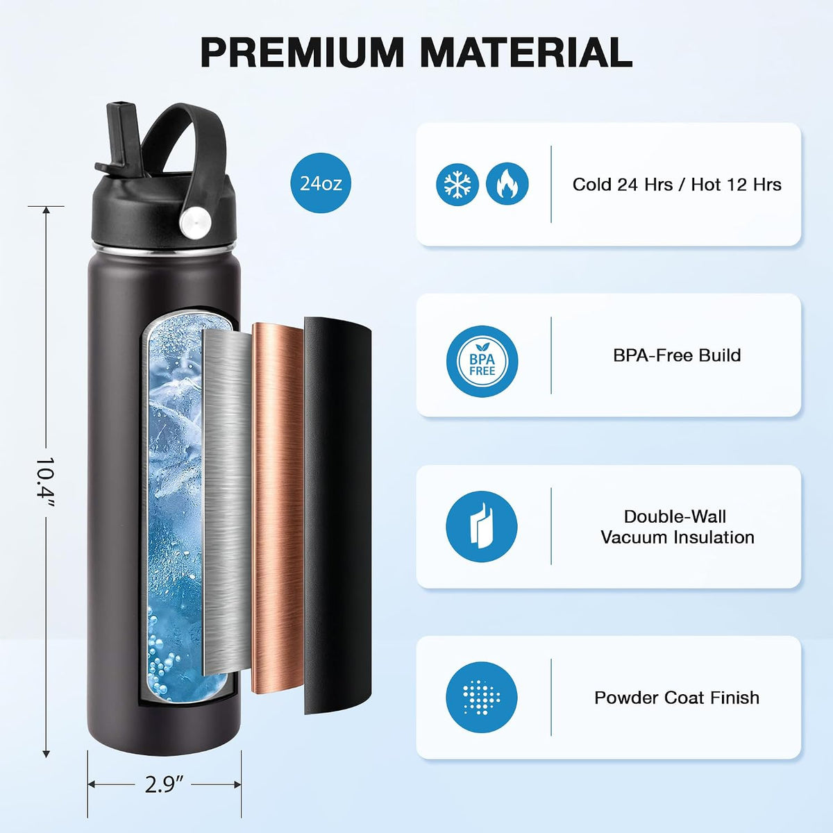 SENDESTAR Insulated Water Bottle 24 OZ, Wide Mouth 24 oz Water Bottle with Straw Lid, Spout Lid, Double Wall Vacuum Stainless Steel Leak Proof, Keeps Liquids Hot or Cold (Black)