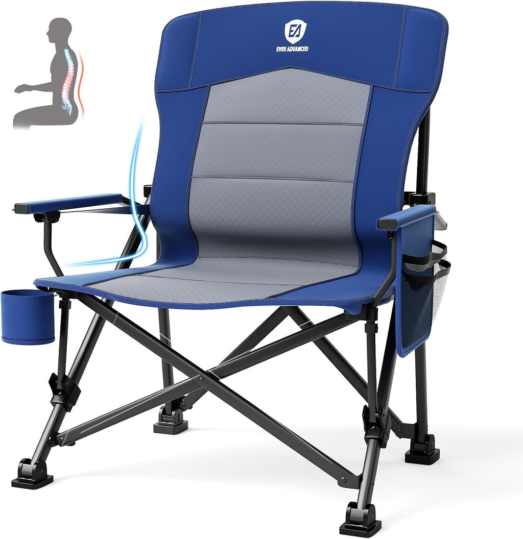 EVER ADVANCED Oversized Folding Camping Chair for Adults with Adjustable Lumbar Support, Heavy Duty Chair with Side Pockets, Portable Collapsible Quad Chair for Outside