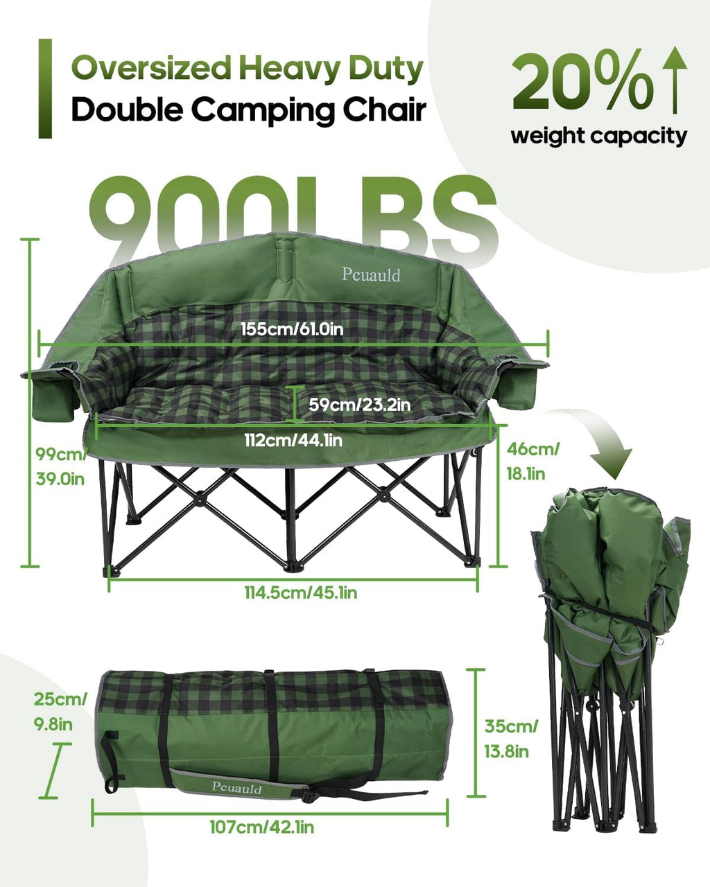 Heated Padded Double Camping Chair with 2 in 1 Carry Bag, 900LBS