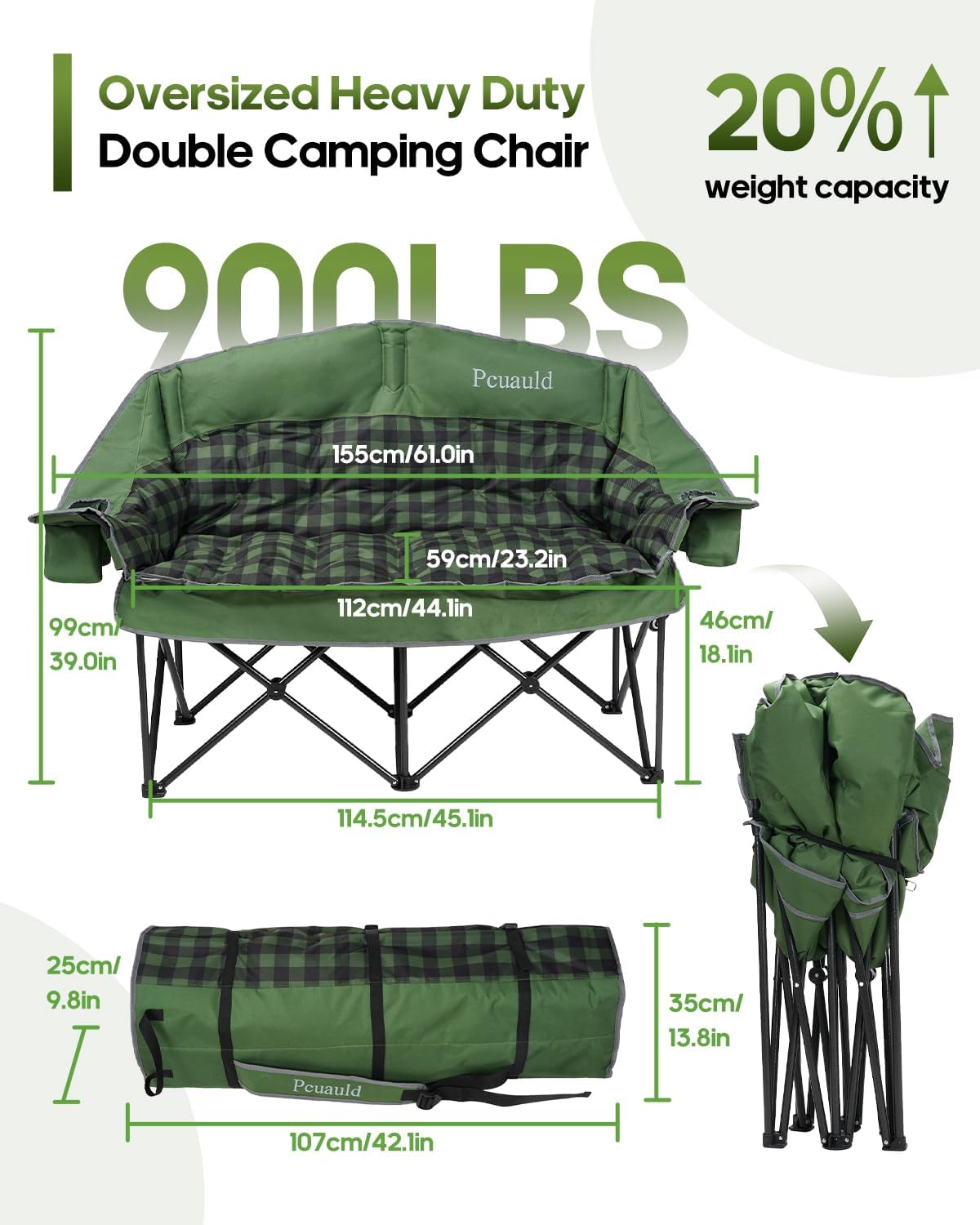 Heated Padded Double Camping Chair with 2 in 1 Carry Bag, 900LBS