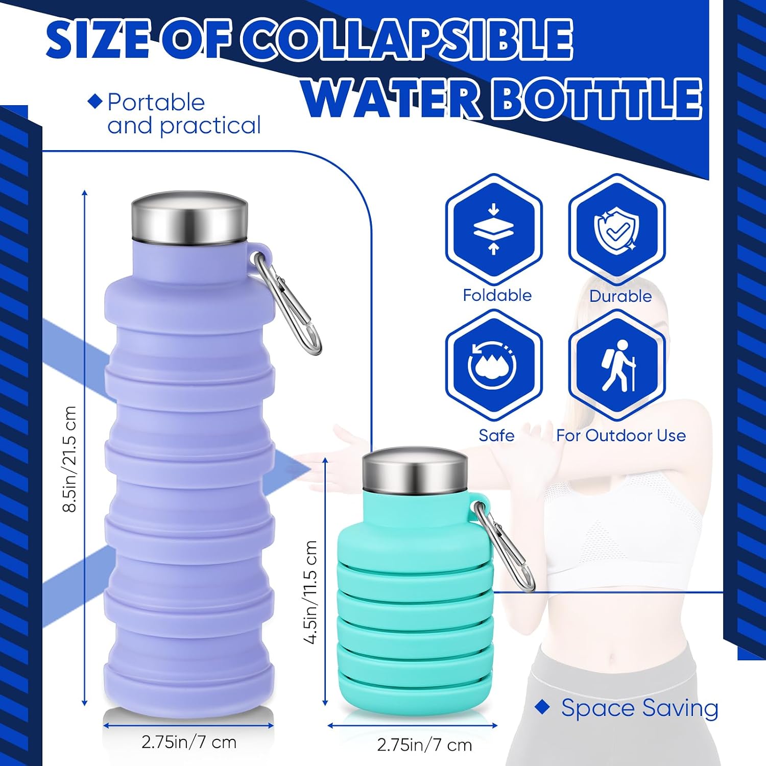 Baderke 2 Pcs Collapsible Water Bottles, 17oz, Green, Purple