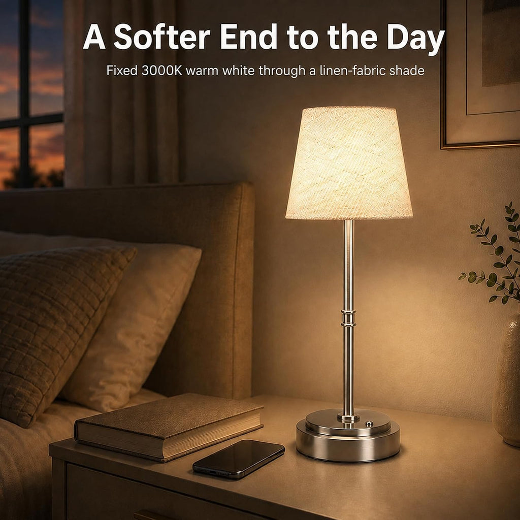 Rechargeable Cordless Table Lamp, Battery Operated Bedside Lamp, Silver
