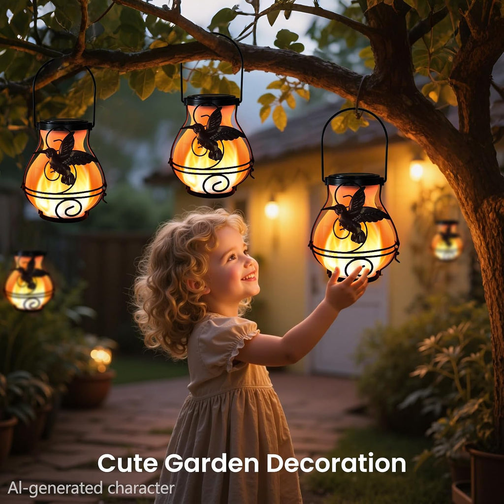 2 Pack Solar Lanterns Outdoor Waterproof Flickering Flame Lights Hummingbird Metal Hanging Solar Lantern Patio Porch Garden Decoration