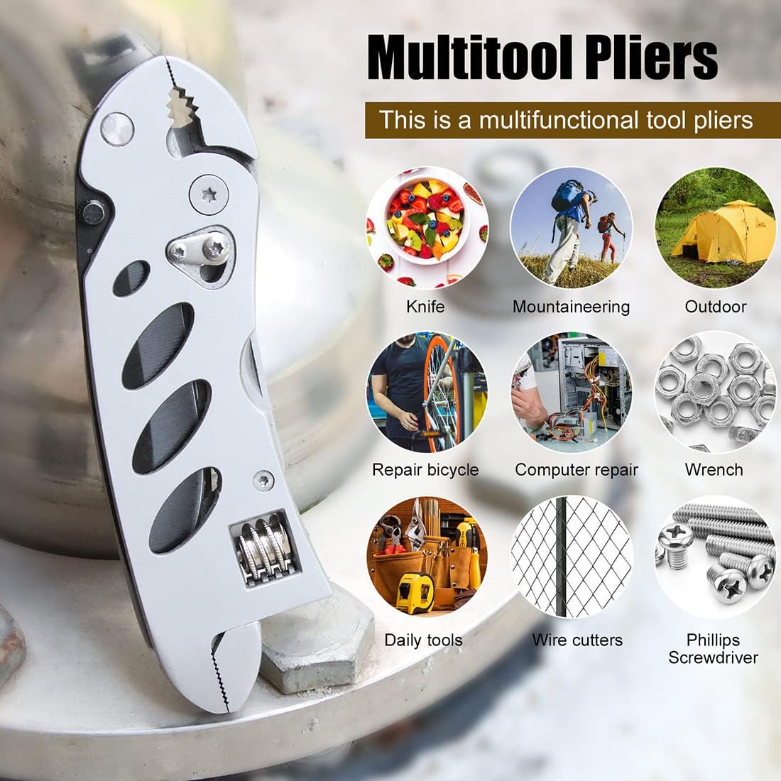 Multitool Wrench With 7 Tools/Pliers/Wire Cutter/Flat Screwdriver/Phillips Screwdriver/Portable Folding Multifunctional Adjustable Multi Purpose Stainless Steel Tool