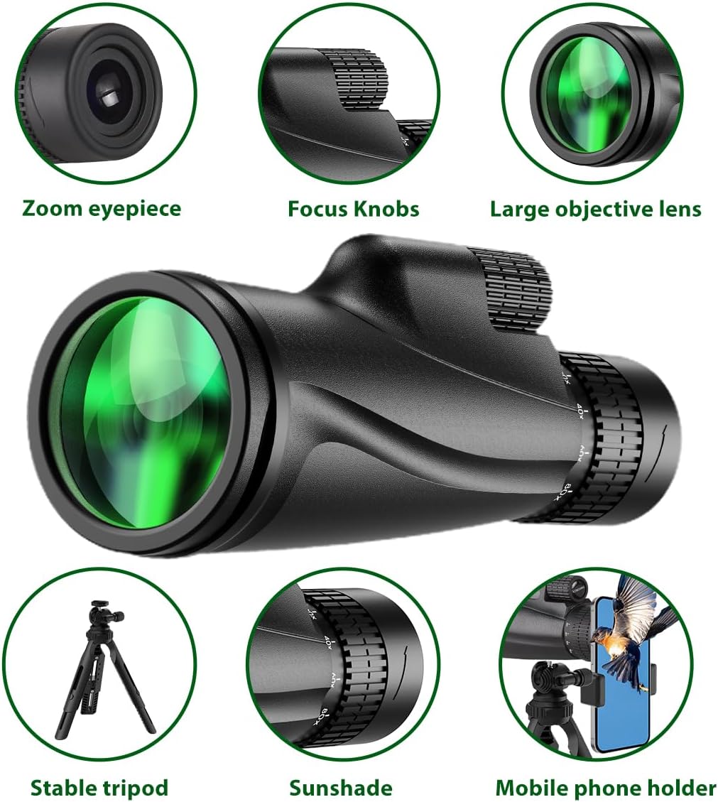 Monocular Telescope 80 x 100 High Powered Monoculars for Adults with Tripod, Monocular for Smartphone Suitable for Bird Watching Larger Vision Monoculars for Adults with BAK4 Prism & FMC Lens Black