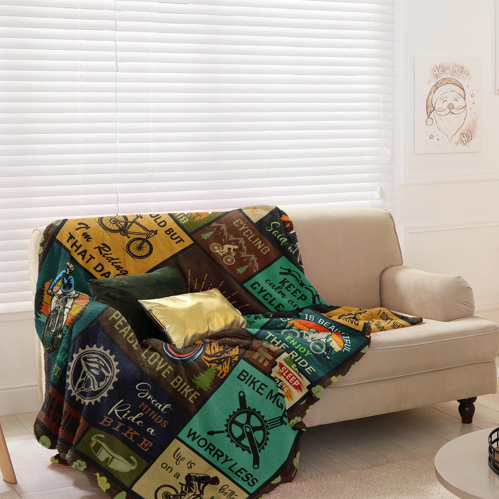 Bicycle Enthusiast Gift, Mountain Biking Blanket Throw 60"x50" for Men/Riders/Cyclists, Bike Themed Decorations