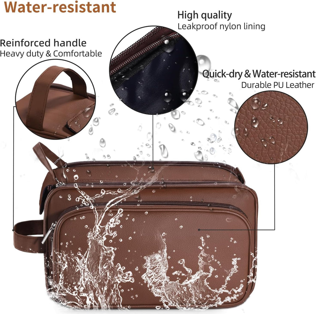 Buruis Extra Large Toiletry Bag for Men, PU Leather Travel Dopp Kit, Brown