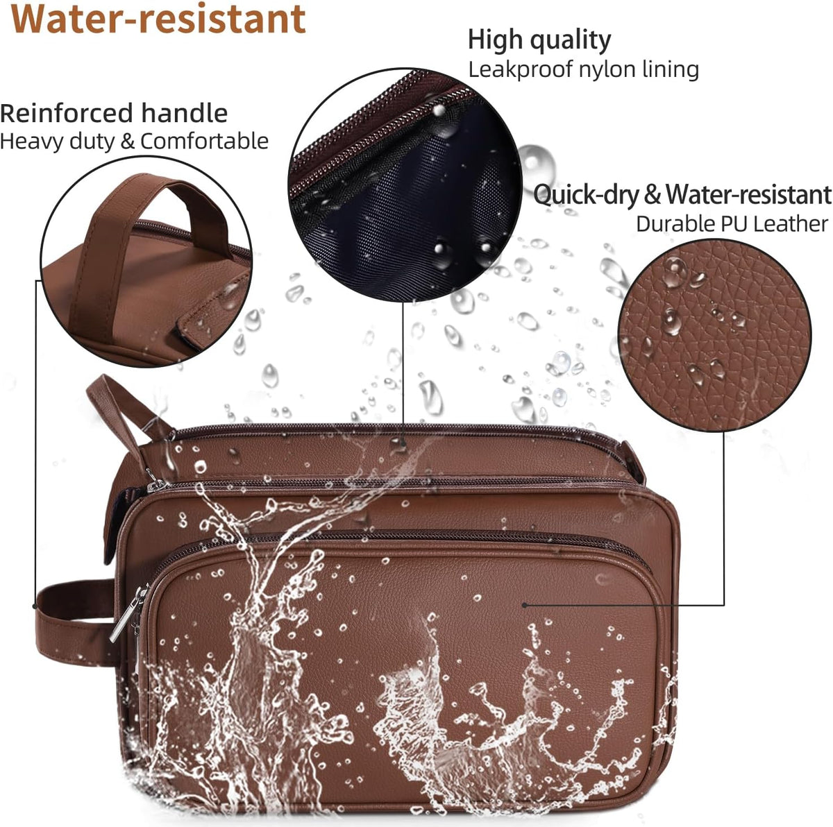 Buruis Extra Large Toiletry Bag for Men, PU Leather Travel Dopp Kit, Brown