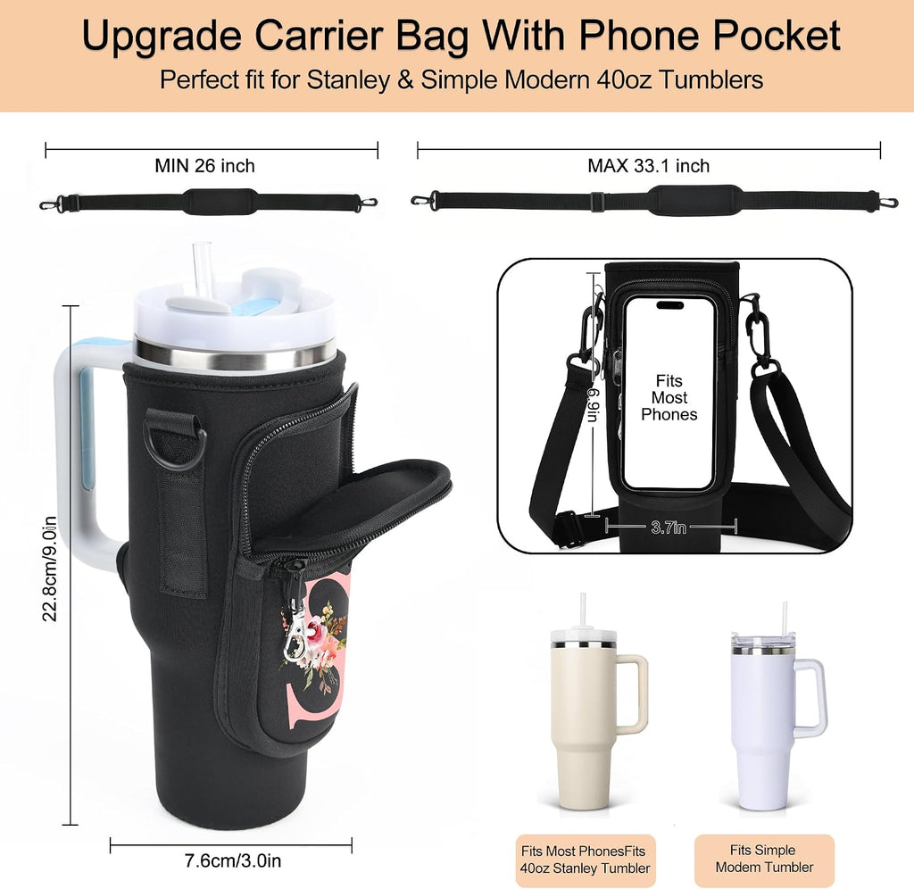 Initial Water Bottle Holder with Strap for Stanley Cup Accessories 40 oz/Simple Modern Tumbler, Birthdays for Women Girls, Water Bottle Carrier Bag with Phone Pocket,Hiking Walking Gym Camping